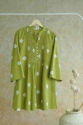 Olive Green Bandhej Block Print Pintuck Tunic - Tara-C-Tara