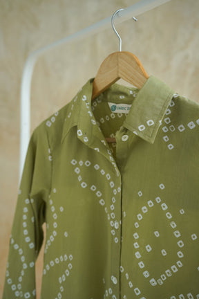 Olive Green Bandhej Geometric Hand Block Printed Cotton Shirt - Tara-C-Tara