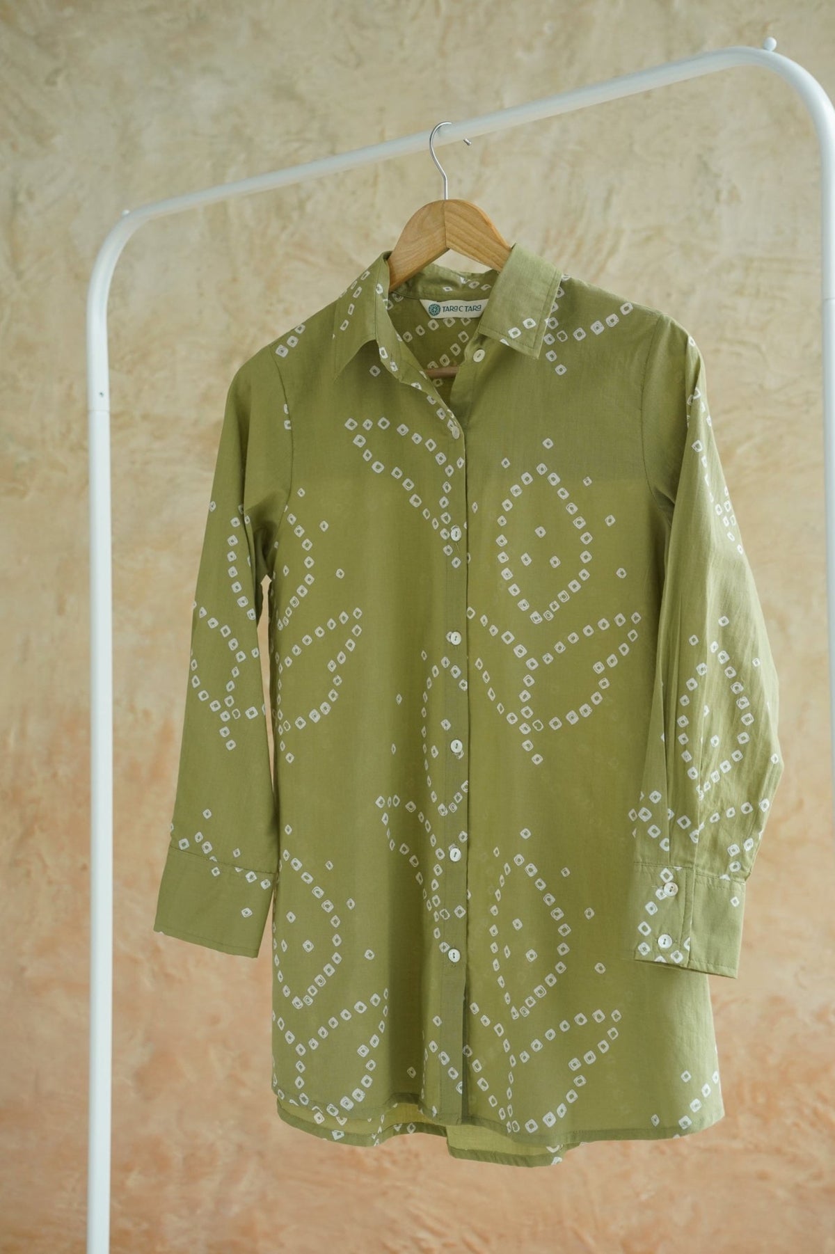 Olive Green Bandhej Geometric Hand Block Printed Cotton Shirt - Tara-C-Tara