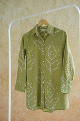 Olive Green Bandhej Geometric Hand Block Printed Cotton Shirt - Tara-C-Tara