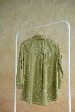Olive Green Bandhej Geometric Hand Block Printed Cotton Shirt - Tara-C-Tara