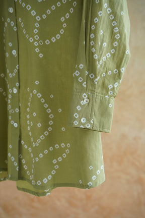 Olive Green Bandhej Geometric Hand Block Printed Cotton Shirt - Tara-C-Tara