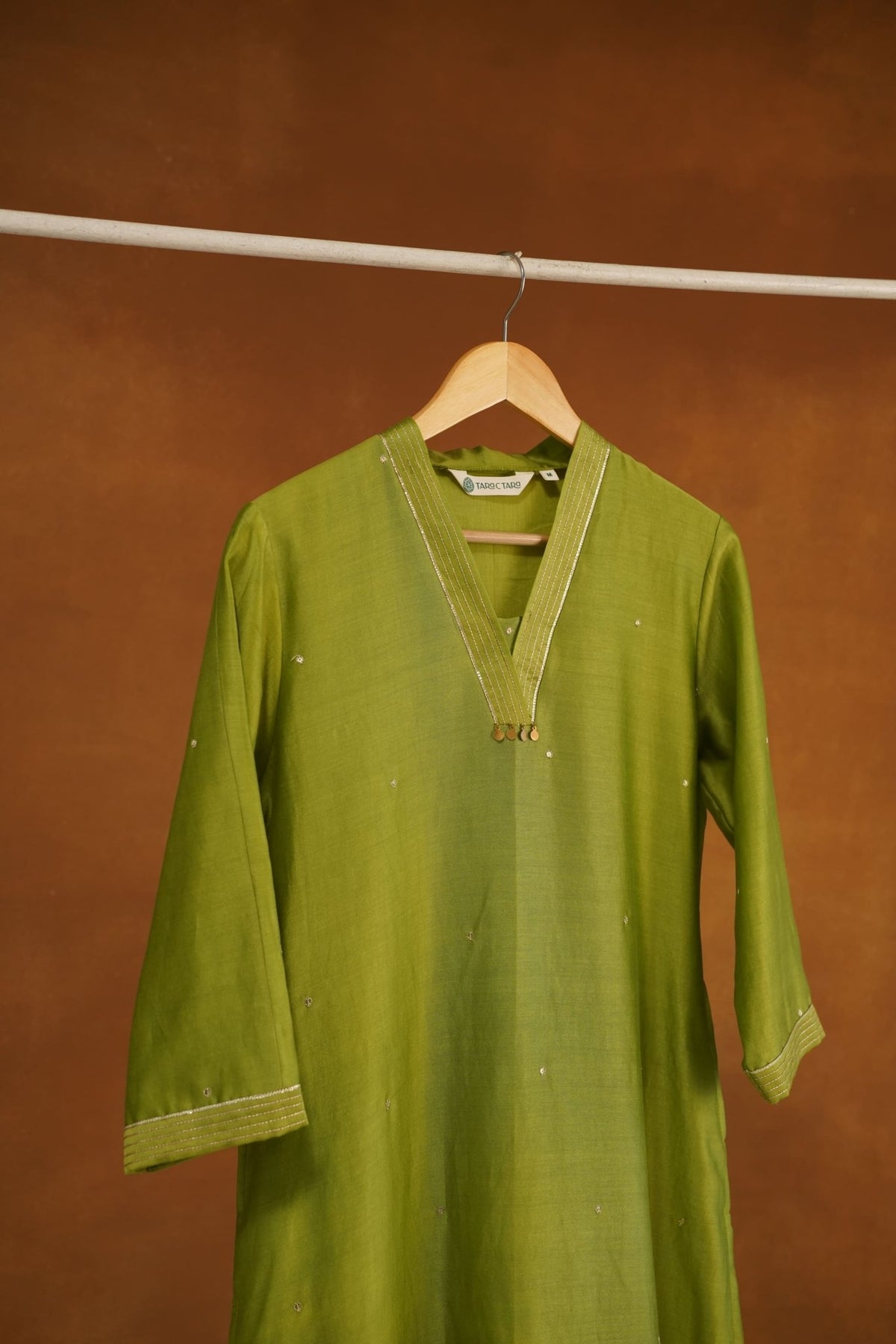 Olive Green Chanderi Silk Sequins Embroirdered Long Kurta - Tara-C-Tara