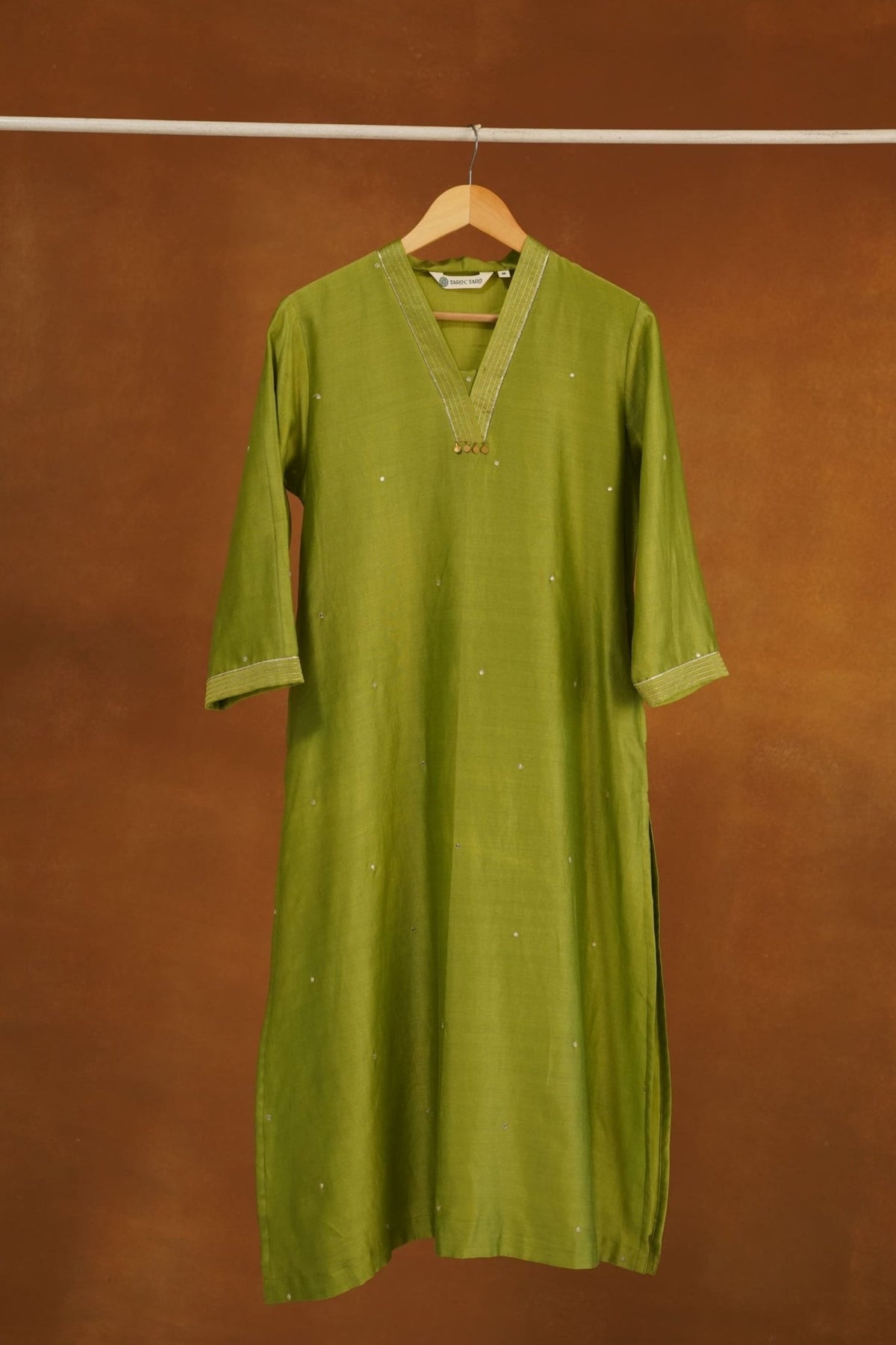 Olive Green Chanderi Silk Sequins Embroirdered Long Kurta - Tara-C-Tara