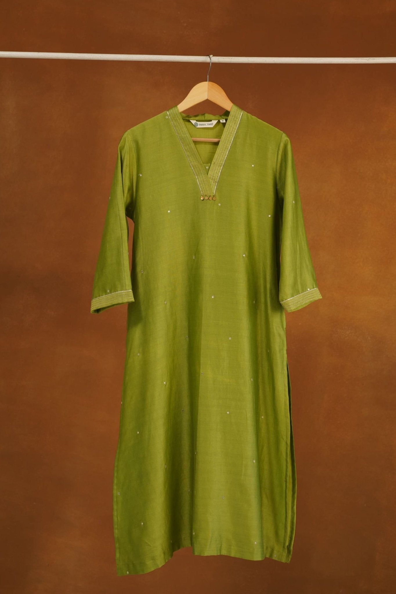 Olive Green Chanderi Silk Sequins Embroirdered Long Kurta - Tara-C-Tara