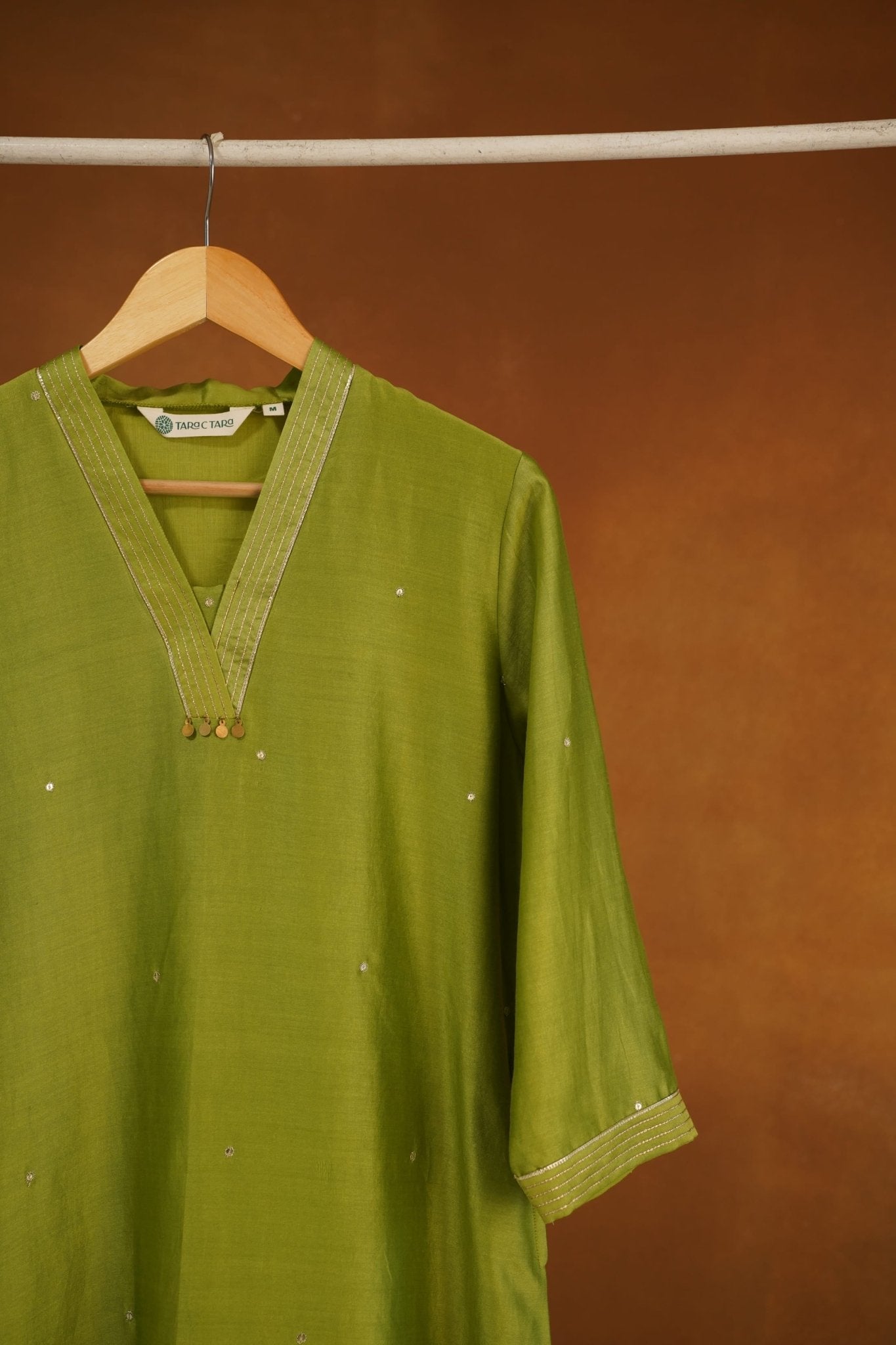 Olive Green Chanderi Silk Sequins Embroirdered Long Kurta - Tara-C-Tara