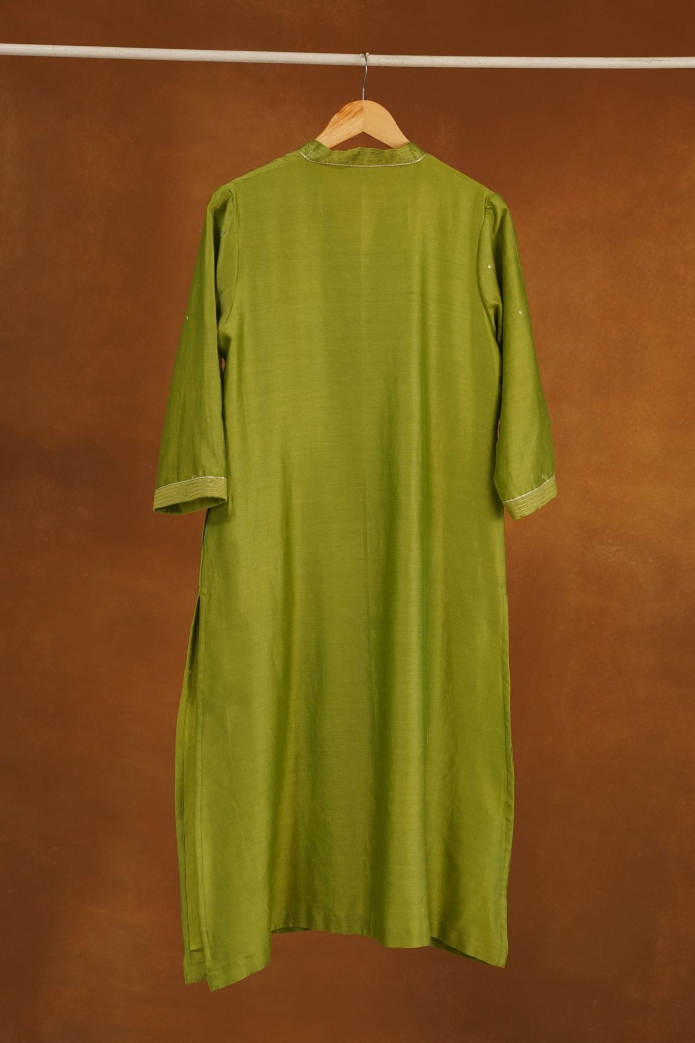 Olive Green Chanderi Silk Sequins Embroirdered Long Kurta - Tara-C-Tara