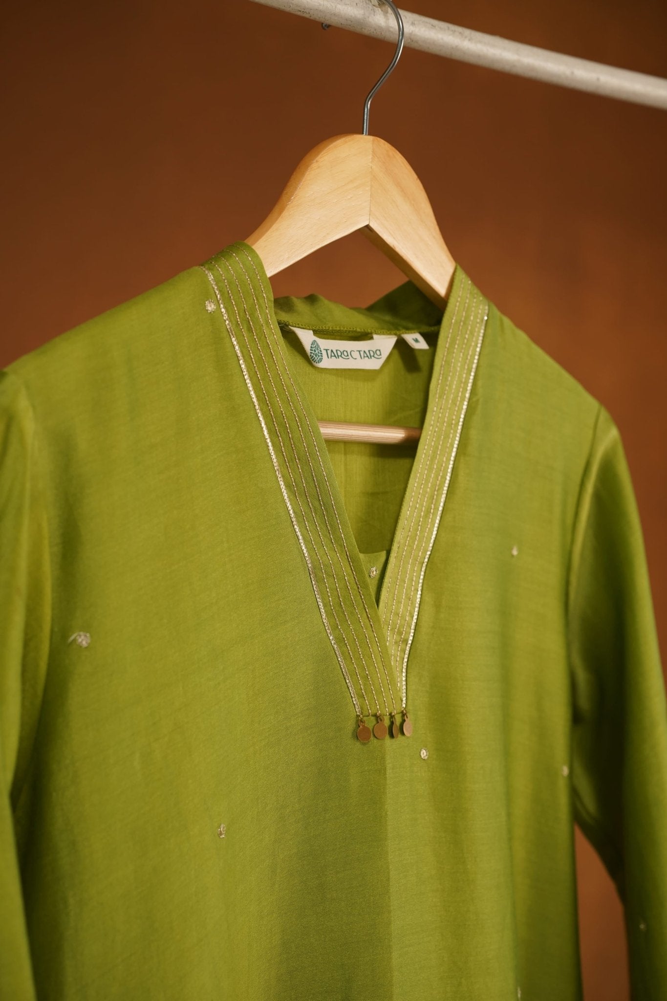 Olive Green Chanderi Silk Sequins Embroirdered Long Kurta - Tara-C-Tara