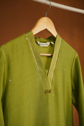 Olive Green Chanderi Silk Sequins Embroirdered Long Kurta - Tara-C-Tara