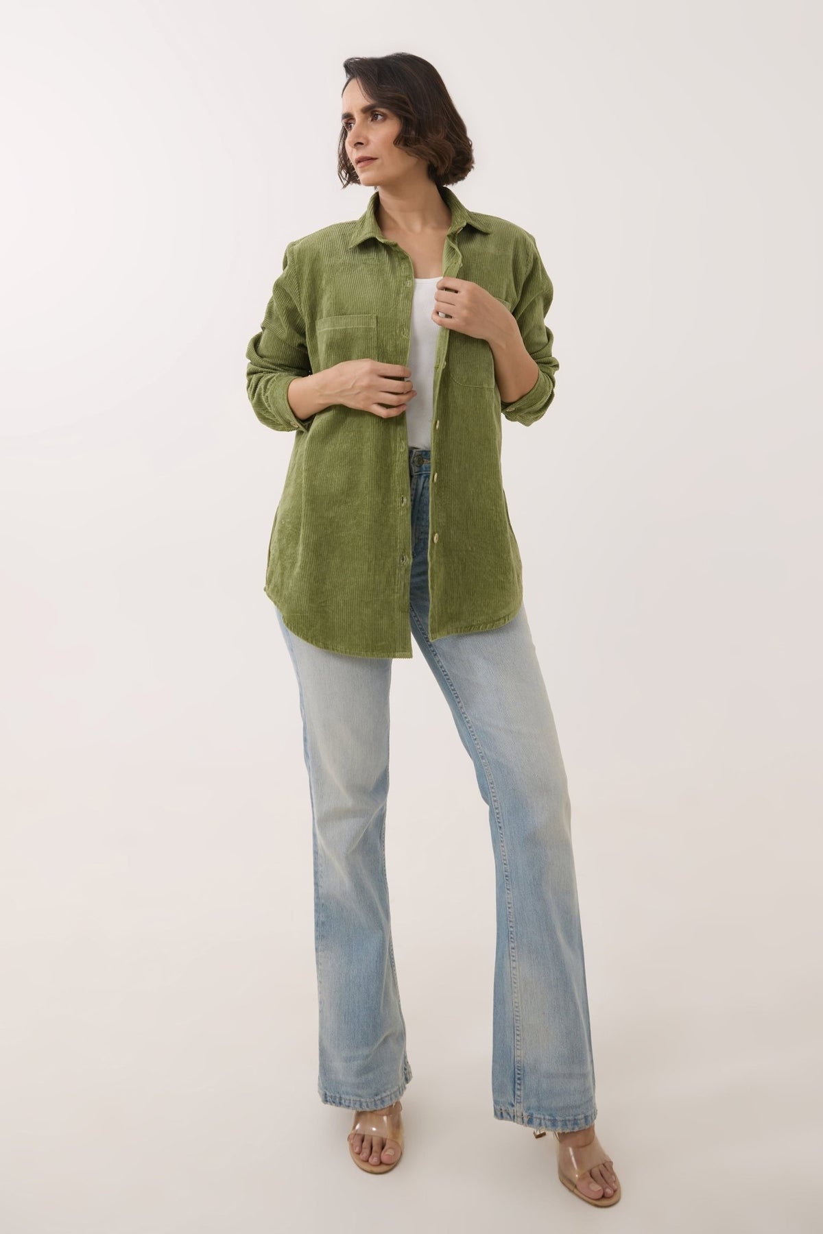 Olive Green Oversized Corduroy Shirt - Tara - C - Tara