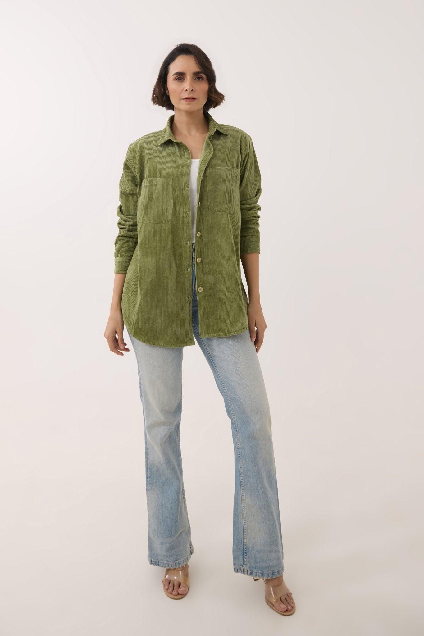 Olive Green Oversized Corduroy Shirt - Tara - C - Tara