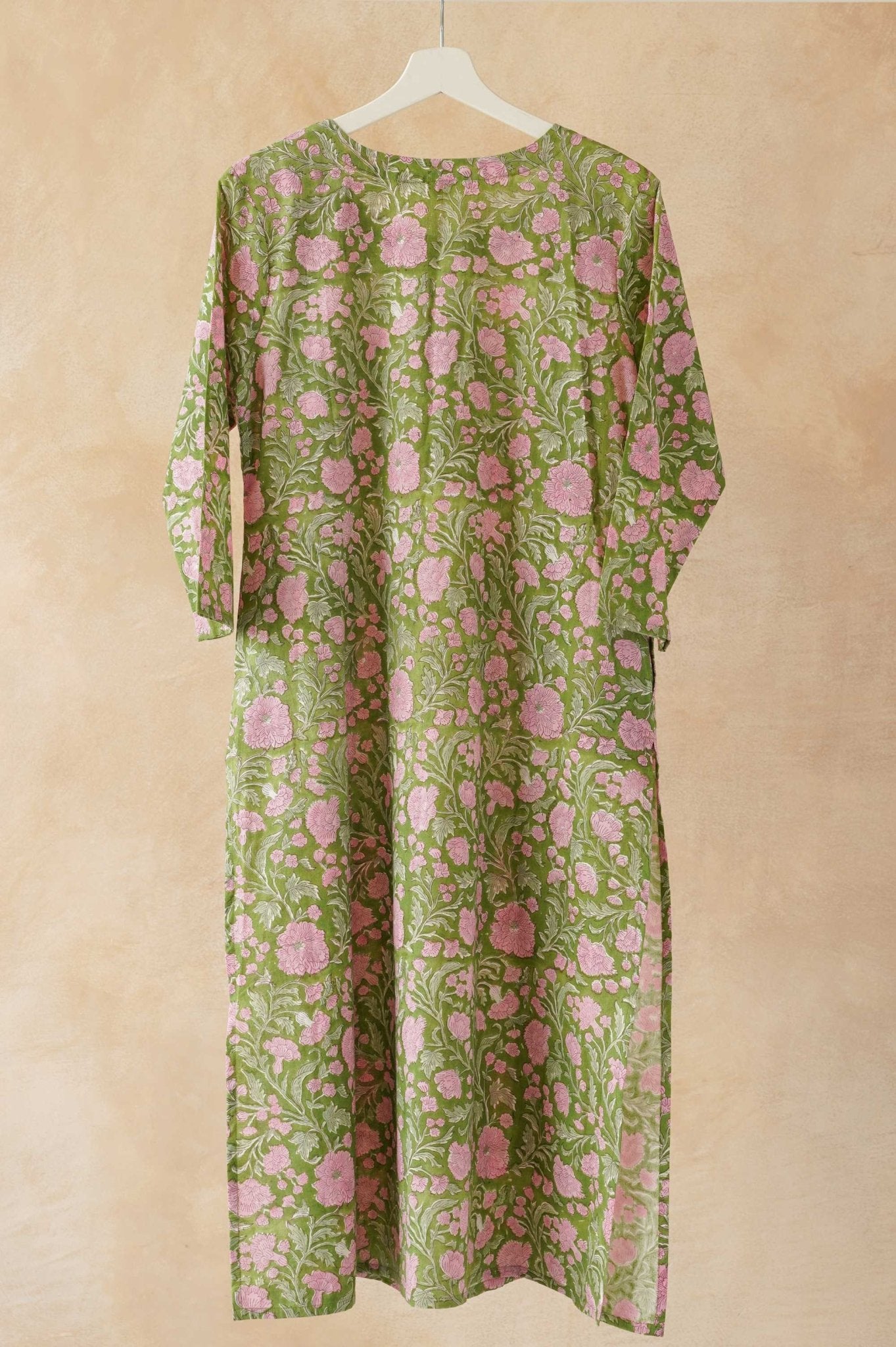 Olive Green & Pink Floral Hand Block Print Pintuck Kurta - Tara - C - Tara