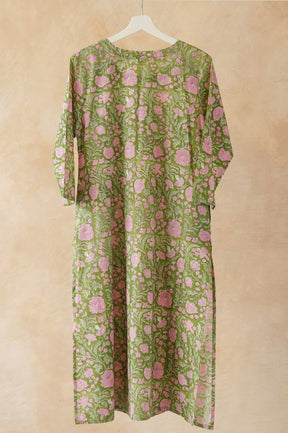 Olive Green & Pink Floral Hand Block Print Pintuck Kurta - Tara - C - Tara
