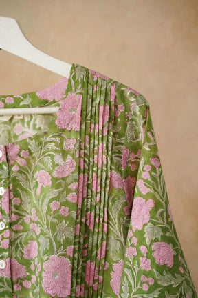 Olive Green & Pink Floral Hand Block Print Pintuck Kurta - Tara - C - Tara