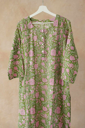 Olive Green & Pink Floral Hand Block Print Pintuck Kurta - Tara - C - Tara