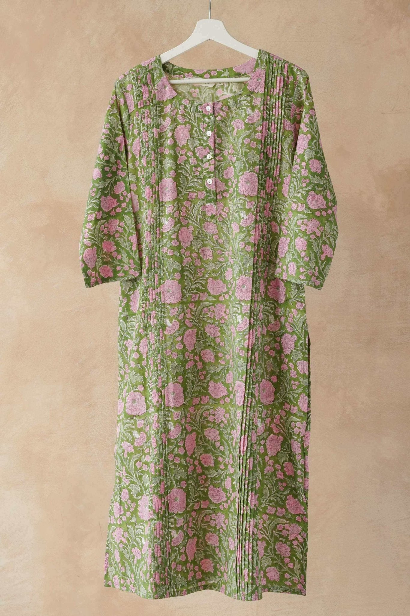 Olive Green & Pink Floral Hand Block Print Pintuck Kurta - Tara - C - Tara