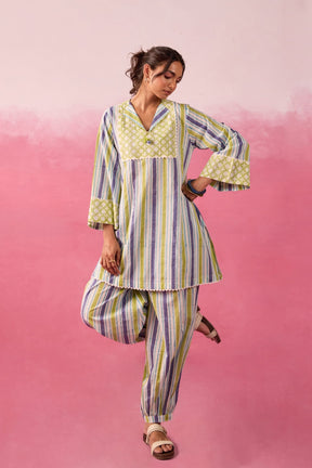 Olive & Indigo Stripe Hand Block Printed Co-ord Set - Tara-C-Tara