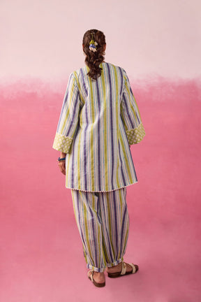 Olive & Indigo Stripe Hand Block Printed Co-ord Set - Tara-C-Tara
