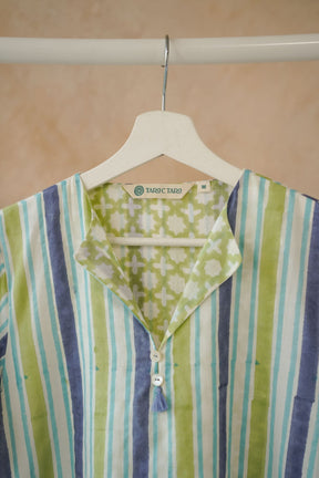 Olive & Indigo Stripe Hand Block Printed Kurta - Tara - C - Tara