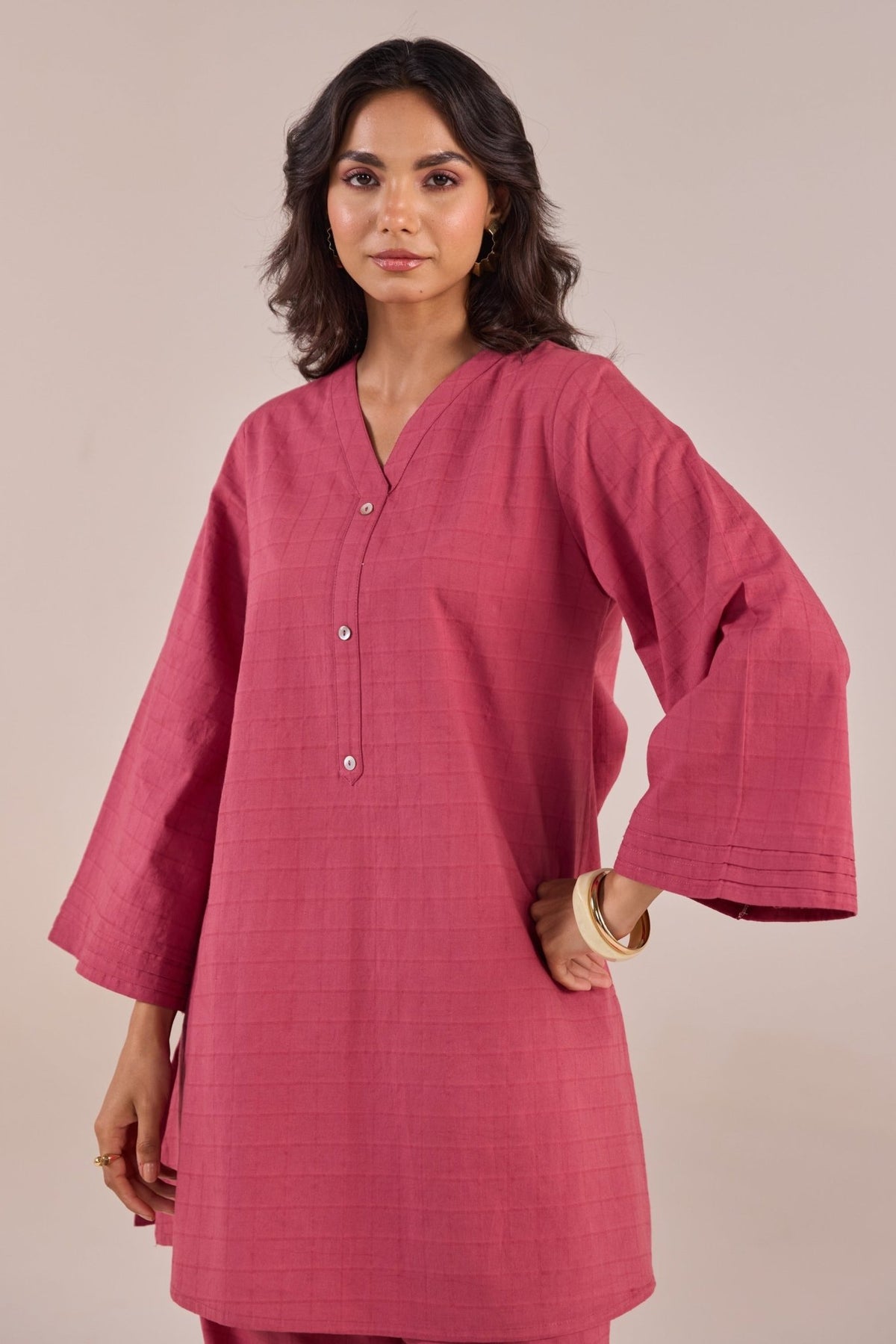 Onion Pink Solid Checks Co - ord Set - Tara - C - Tara