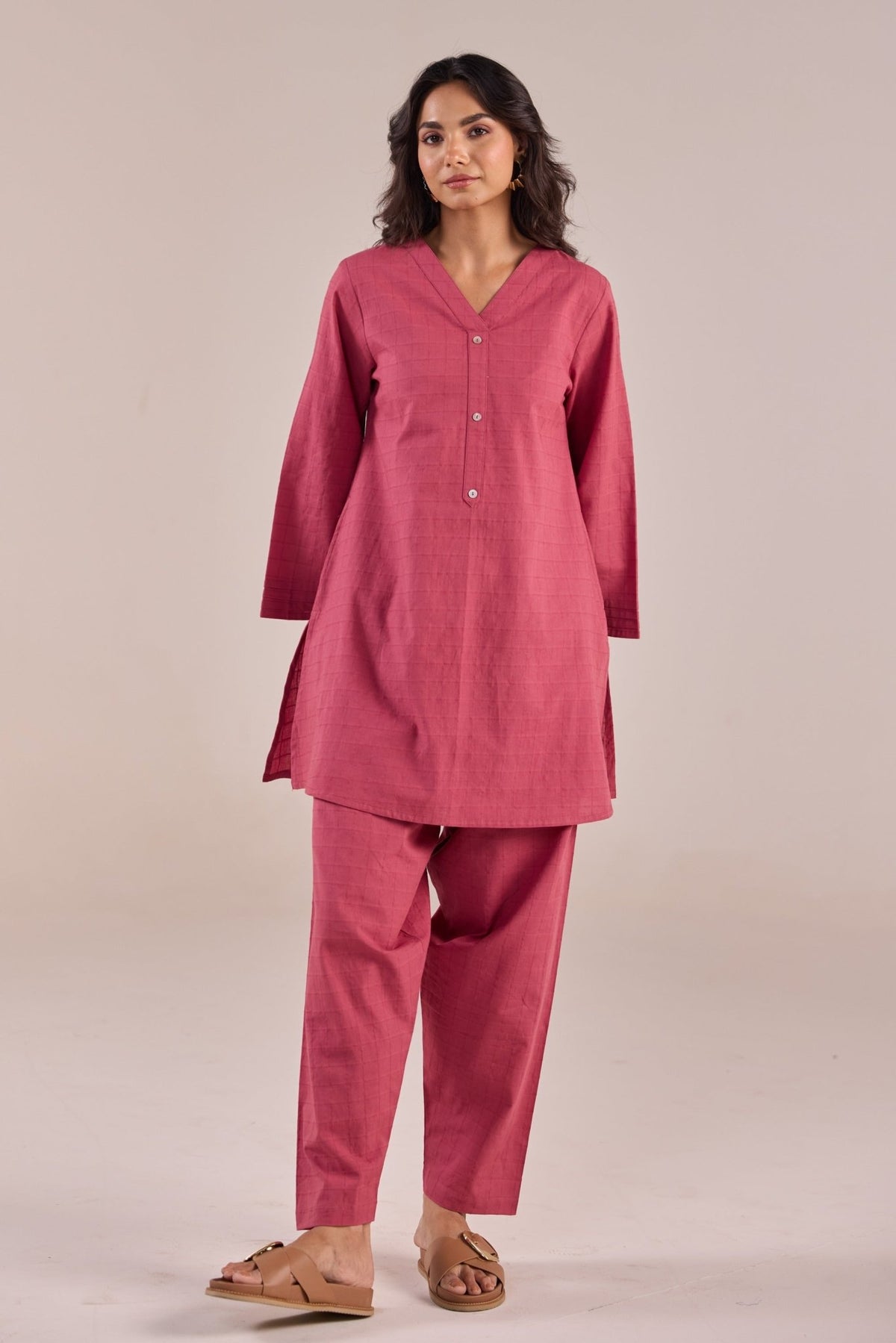 Onion Pink Solid Checks Co - ord Set - Tara - C - Tara