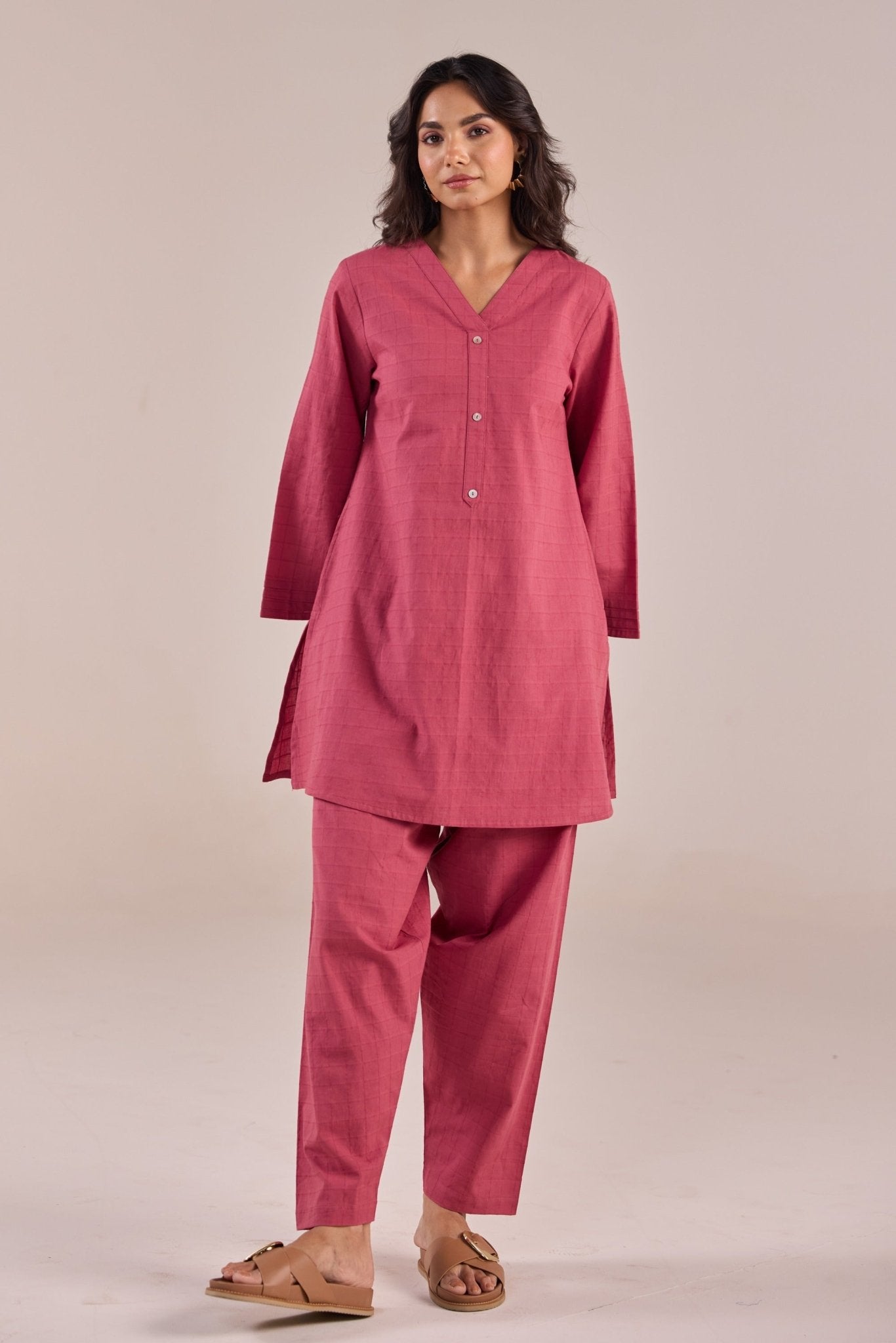 Onion Pink Solid Checks Co - ord Set - Tara - C - Tara