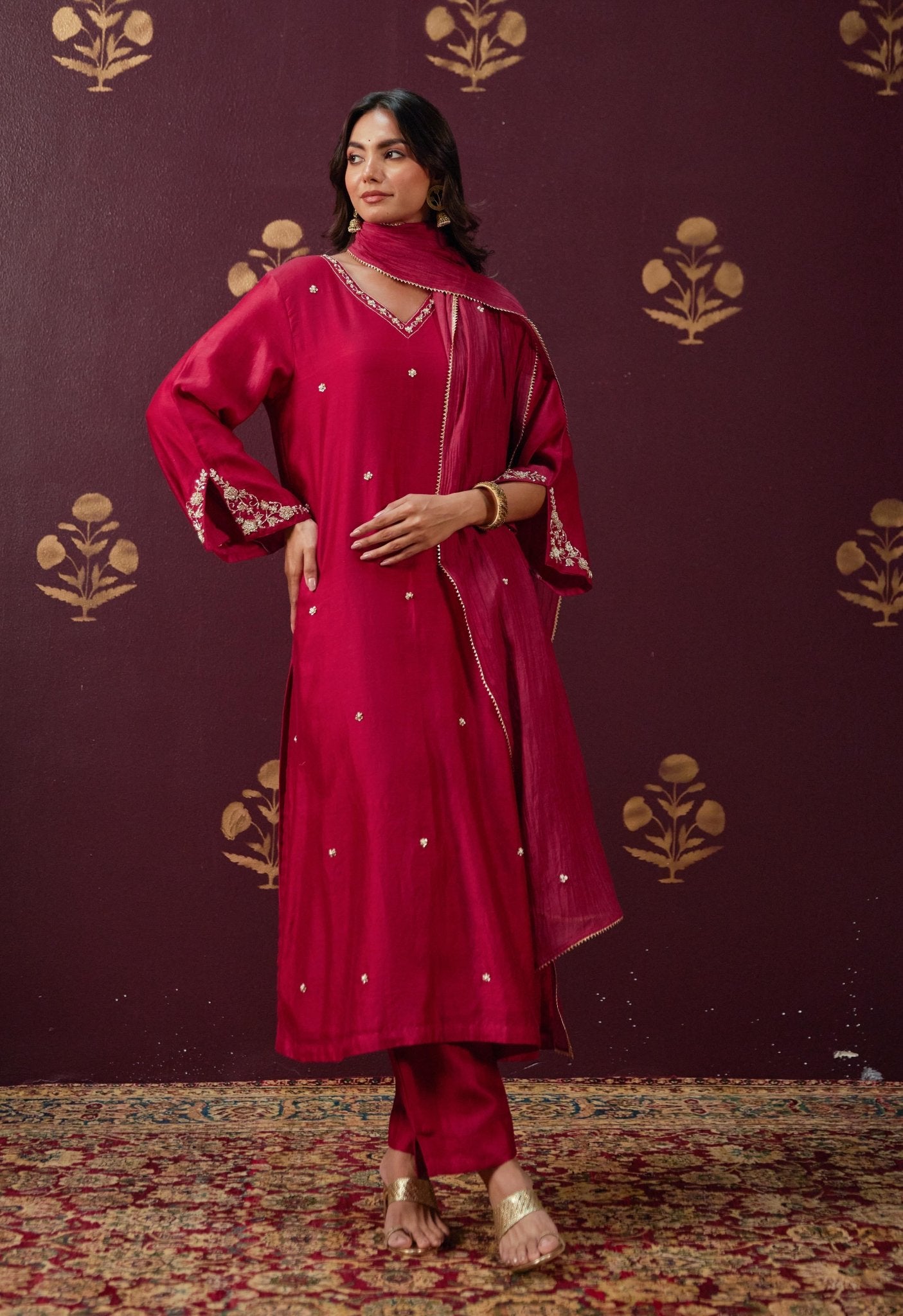 Opulent Maroon: Chanderi V - Neck Kurta Set with All - Over Embroidery and Chanderi mul Dupatta - Tara - C - Tara