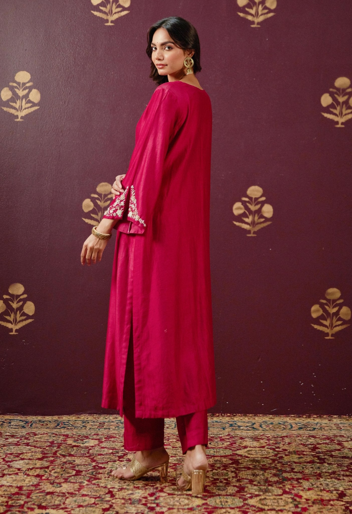 Opulent Maroon: Chanderi V - Neck Kurta Set with All - Over Embroidery and Chanderi mul Dupatta - Tara - C - Tara