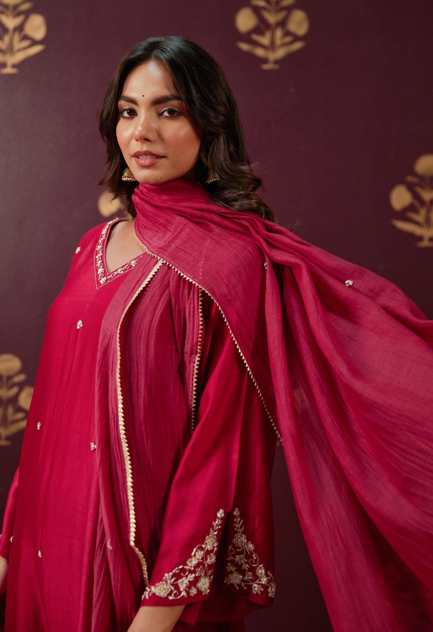 Opulent Maroon: Chanderi V - Neck Kurta Set with All - Over Embroidery and Chanderi mul Dupatta - Tara - C - Tara