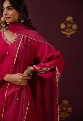 Opulent Maroon: Chanderi V - Neck Kurta Set with All - Over Embroidery and Chanderi mul Dupatta - Tara - C - Tara