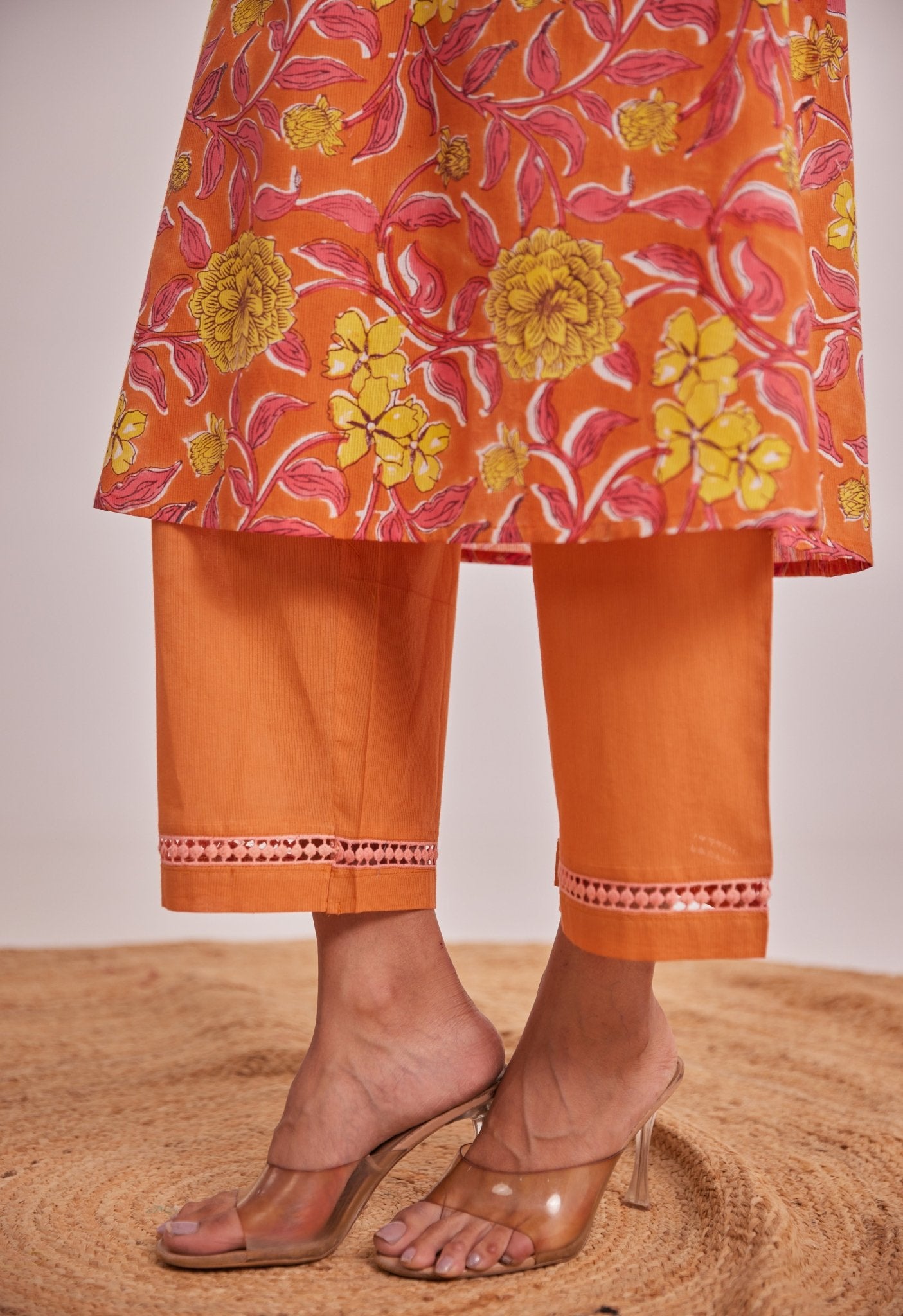 Orange and Yellow Floral hand Block Printed Coord Set - Tara - C - Tara