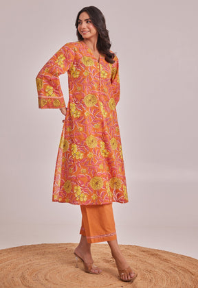 Orange and Yellow Floral hand Block Printed Coord Set - Tara - C - Tara