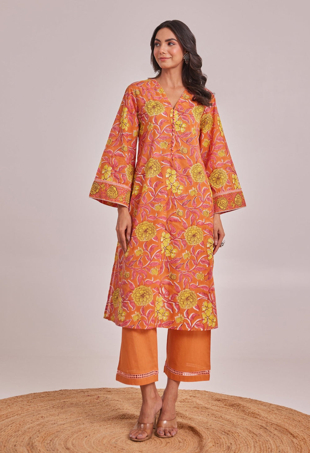 Rusty Orange Soft Silk Embroidered Designer Front & back C-Cut Coord set main image 0