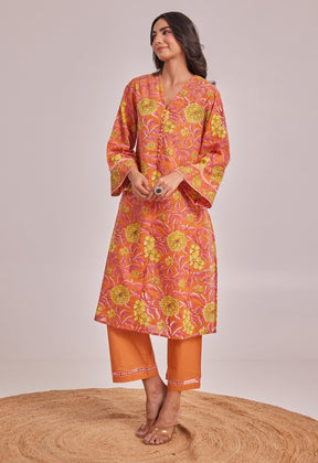 Orange and Yellow Floral hand Block Printed Coord Set - Tara - C - Tara