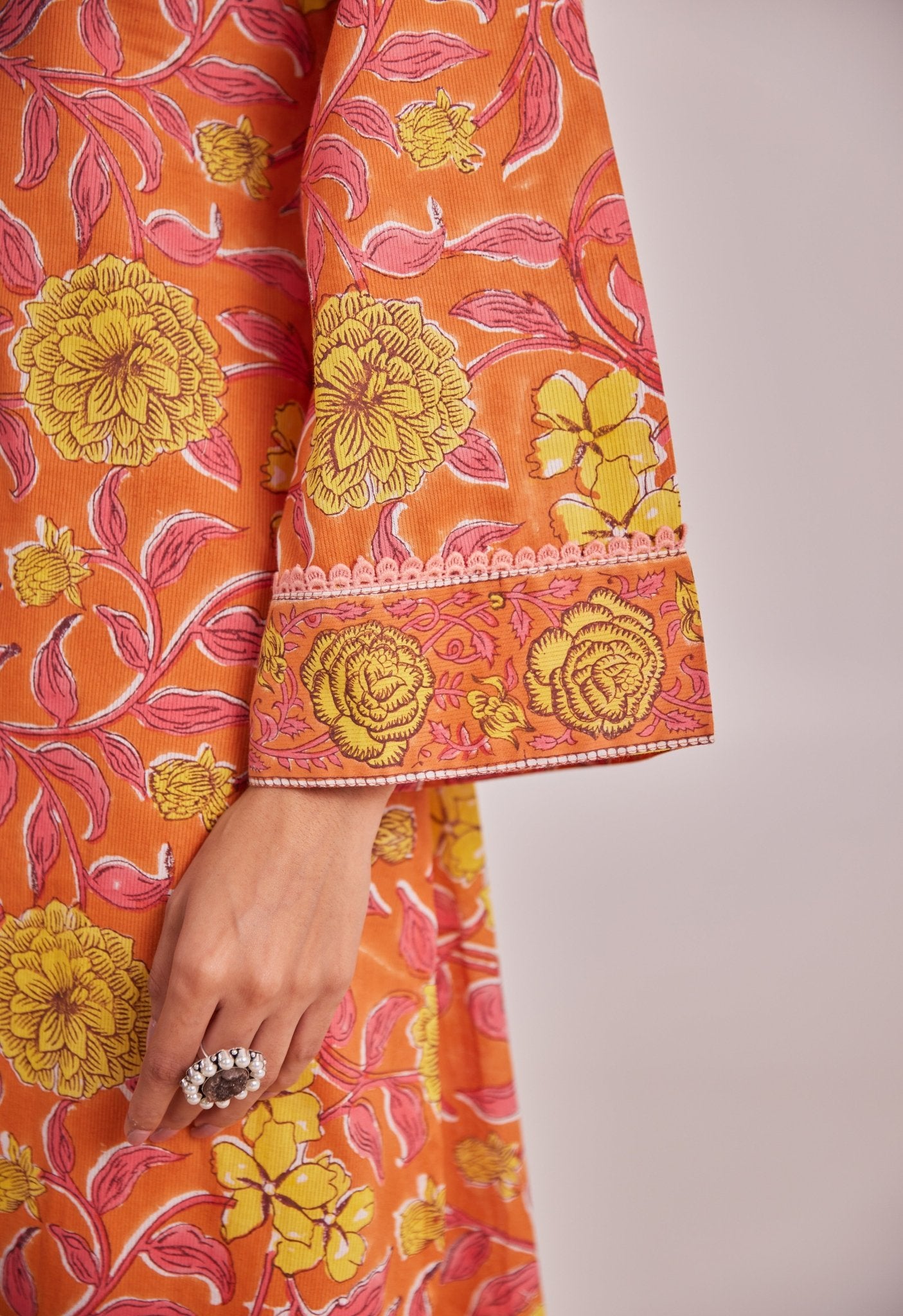 Orange and Yellow Floral hand Block Printed Coord Set - Tara - C - Tara