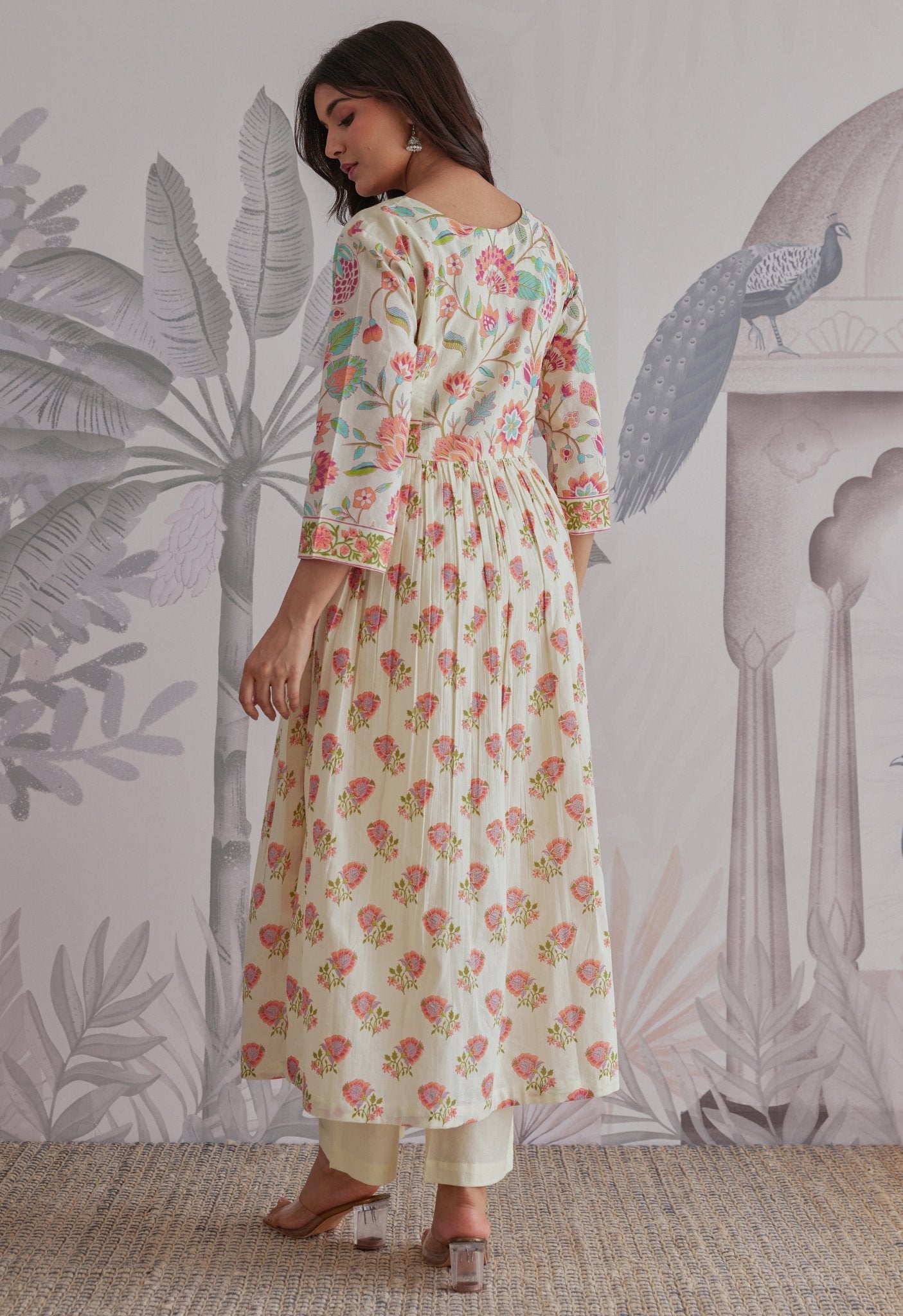 Orange - Cream Floral Printed Anarkali Suit Set - Tara - C - Tara