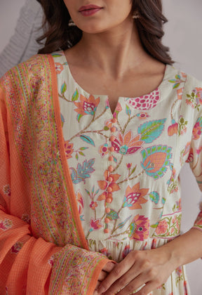 Orange - Cream Floral Printed Anarkali Suit Set - Tara - C - Tara