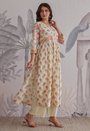 Orange - Cream Floral Printed Anarkali Suit Set - Tara - C - Tara