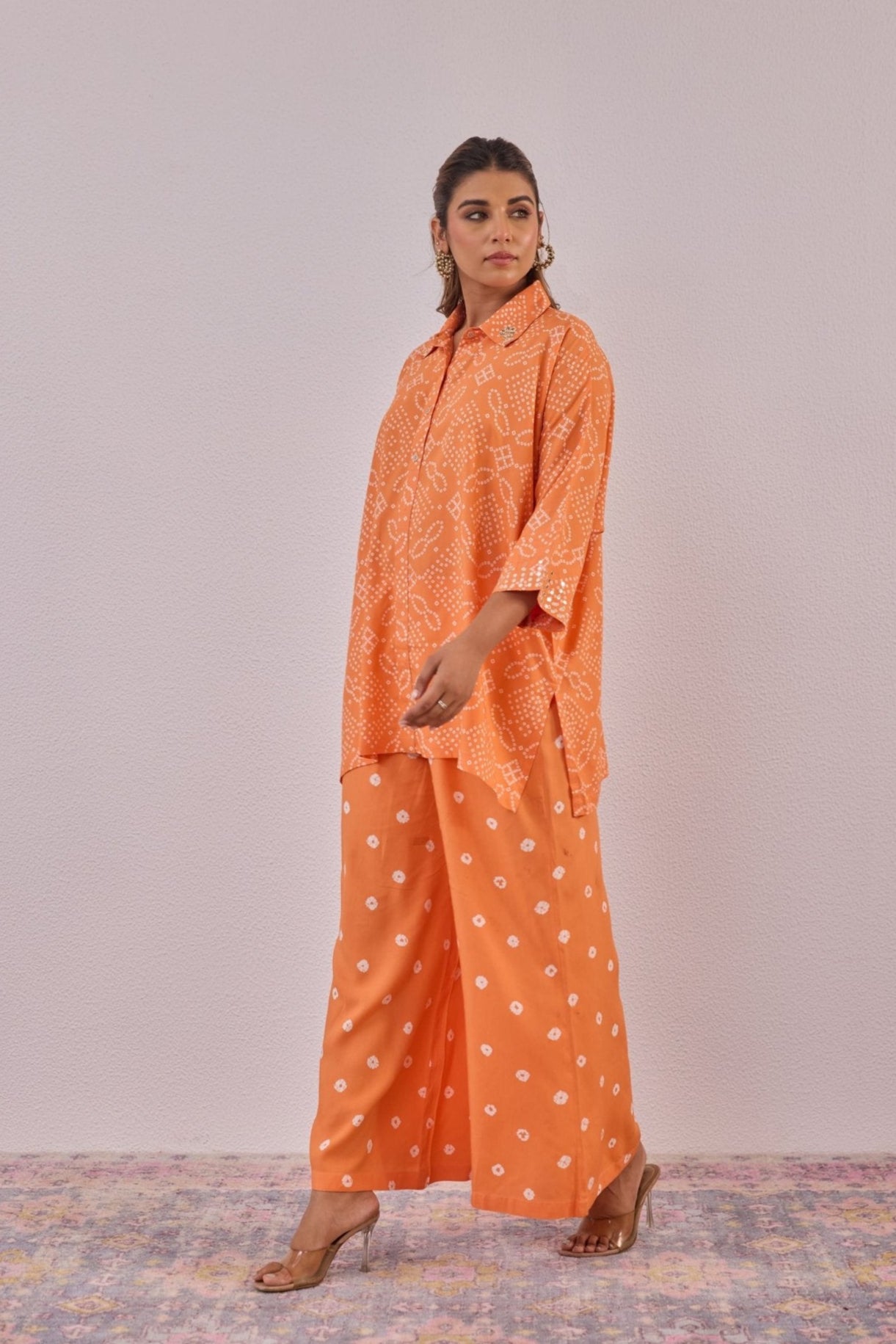 Orange Embroidered Bandhej Printed Coord Set With Palazzo Pant - Tara - C - Tara