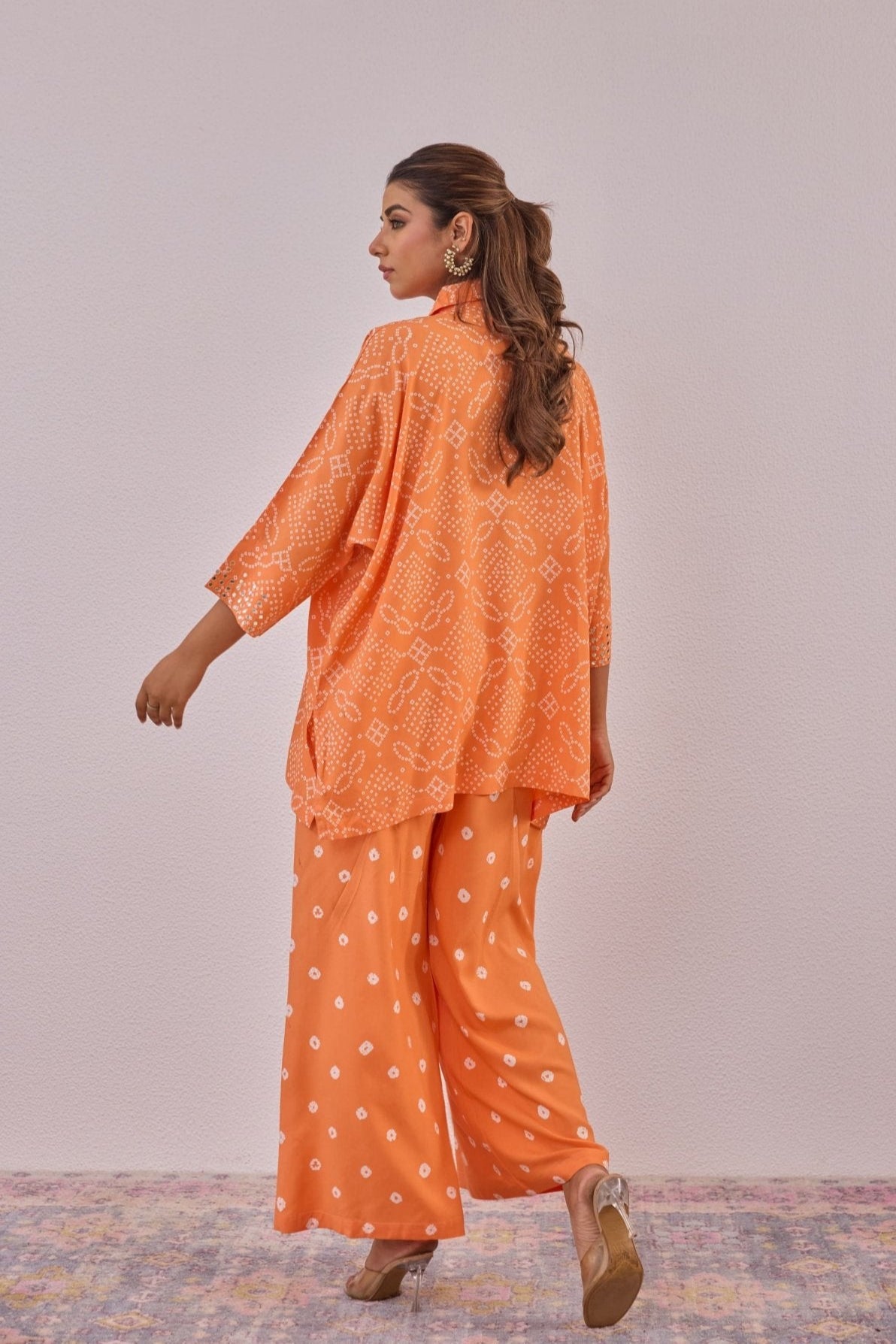 Orange Embroidered Bandhej Printed Coord Set With Palazzo Pant - Tara - C - Tara