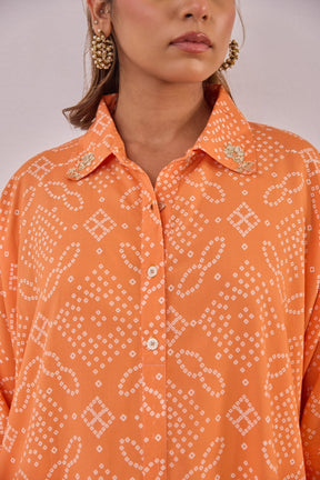 Orange Embroidered Bandhej Printed Coord Set With Palazzo Pant - Tara - C - Tara