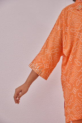 Orange Embroidered Bandhej Printed Coord Set With Palazzo Pant - Tara - C - Tara