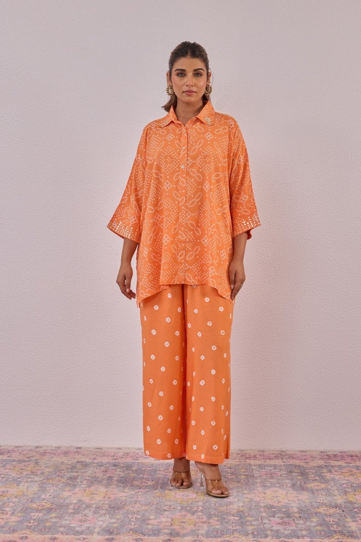 Orange Embroidered Bandhej Printed Coord Set With Palazzo Pant - Tara - C - Tara
