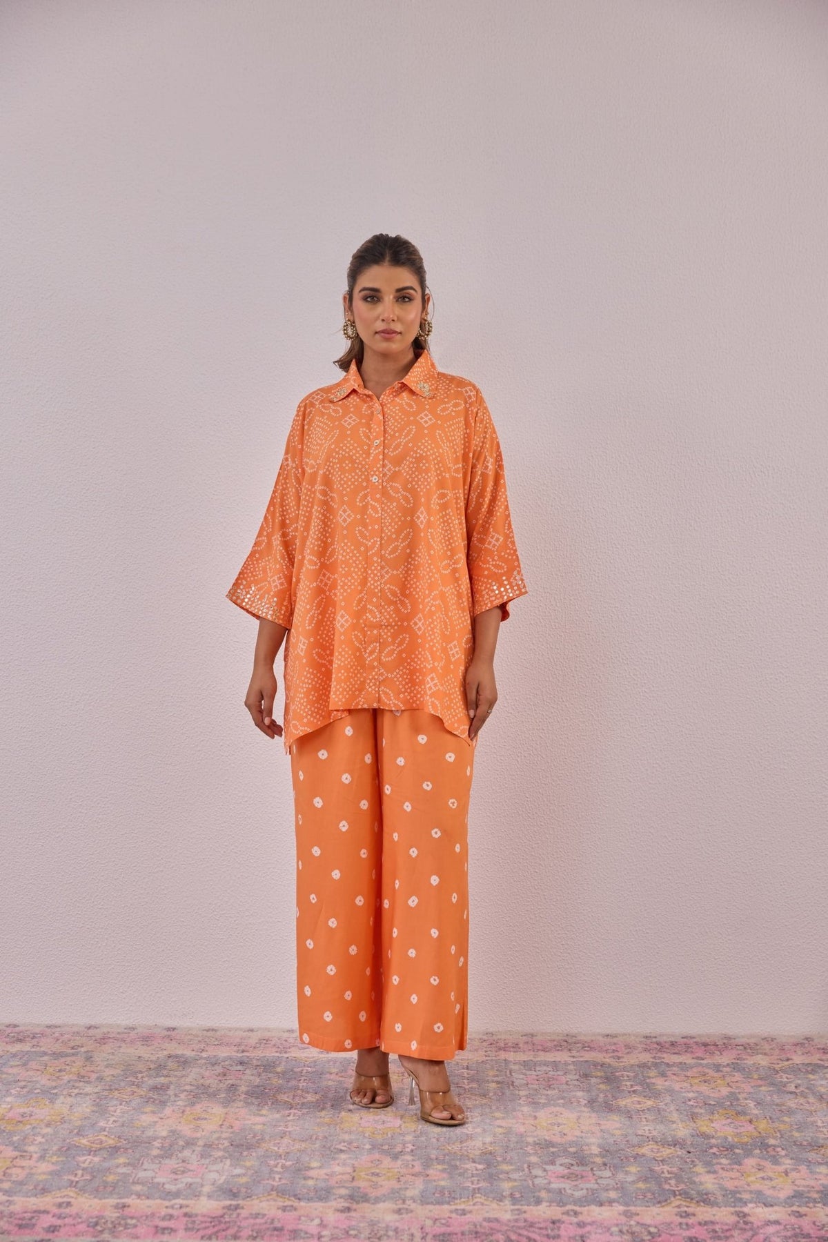 Orange Embroidered Bandhej Printed Coord Set With Palazzo Pant - Tara - C - Tara