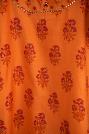 Orange Floral Hand Block Printed Chanderi Silk Kurta - Tara-C-Tara