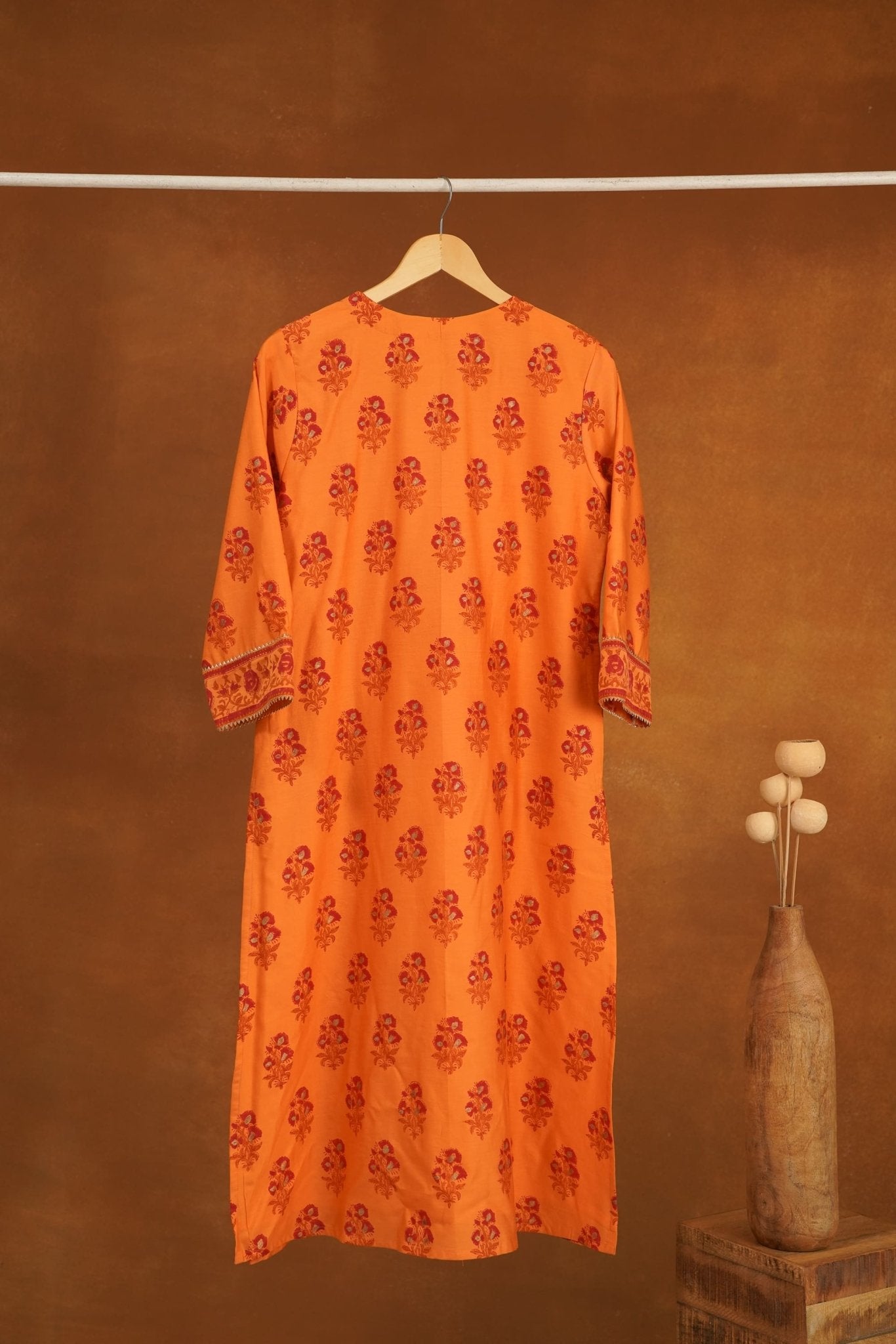 Orange Floral Hand Block Printed Chanderi Silk Kurta - Tara-C-Tara