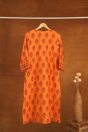Orange Floral Hand Block Printed Chanderi Silk Kurta - Tara-C-Tara