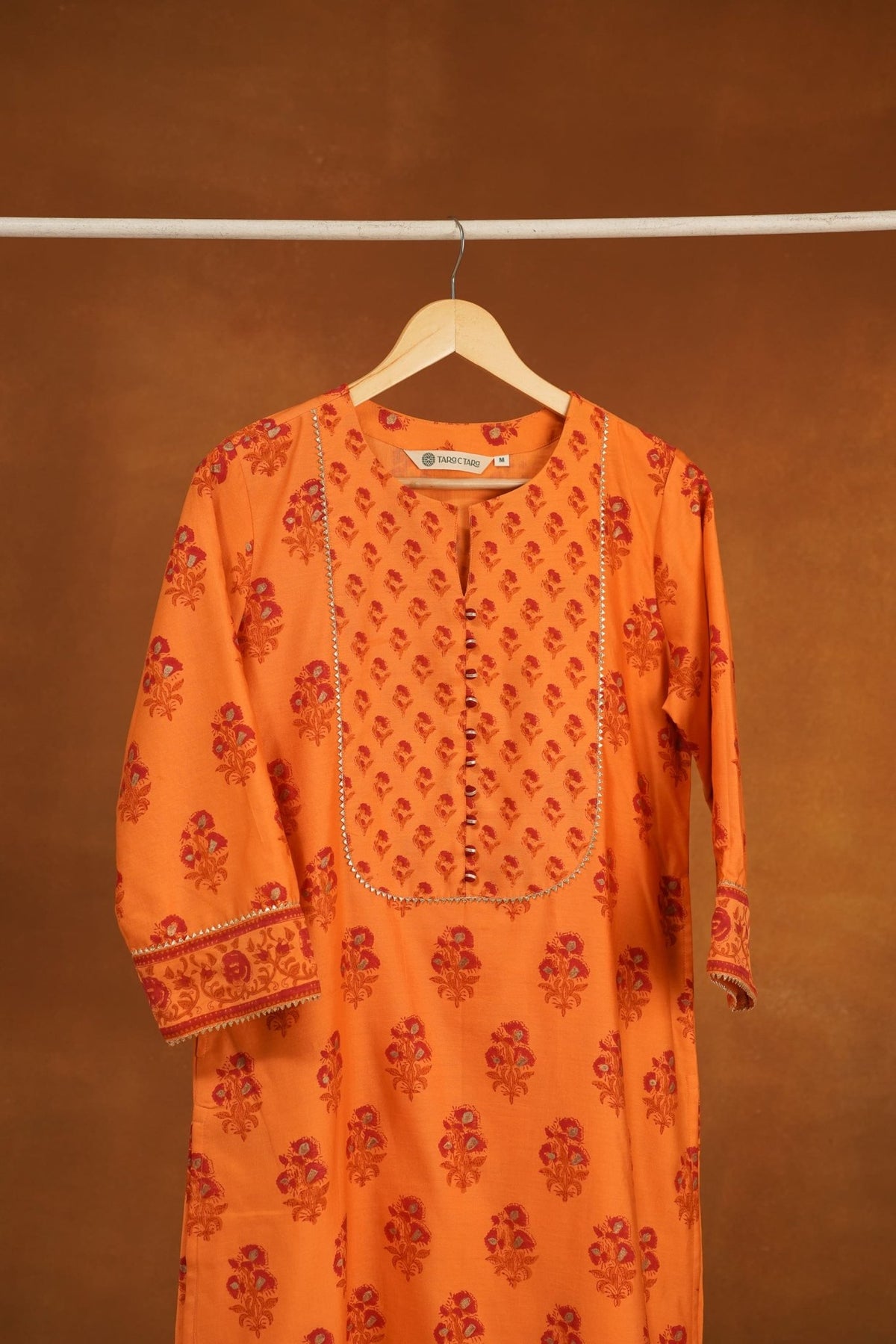 Orange Floral Hand Block Printed Chanderi Silk Kurta - Tara-C-Tara