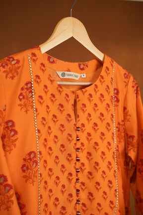 Orange Floral Hand Block Printed Chanderi Silk Kurta - Tara-C-Tara