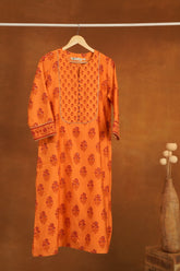 Orange Floral Hand Block Printed Chanderi Silk Kurta - Tara-C-Tara